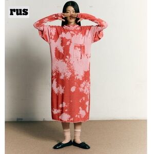 RUS THE BRAND EMIKO DRESS Red / Pink Size M Long Midi Boxy Relaxed Side Slit